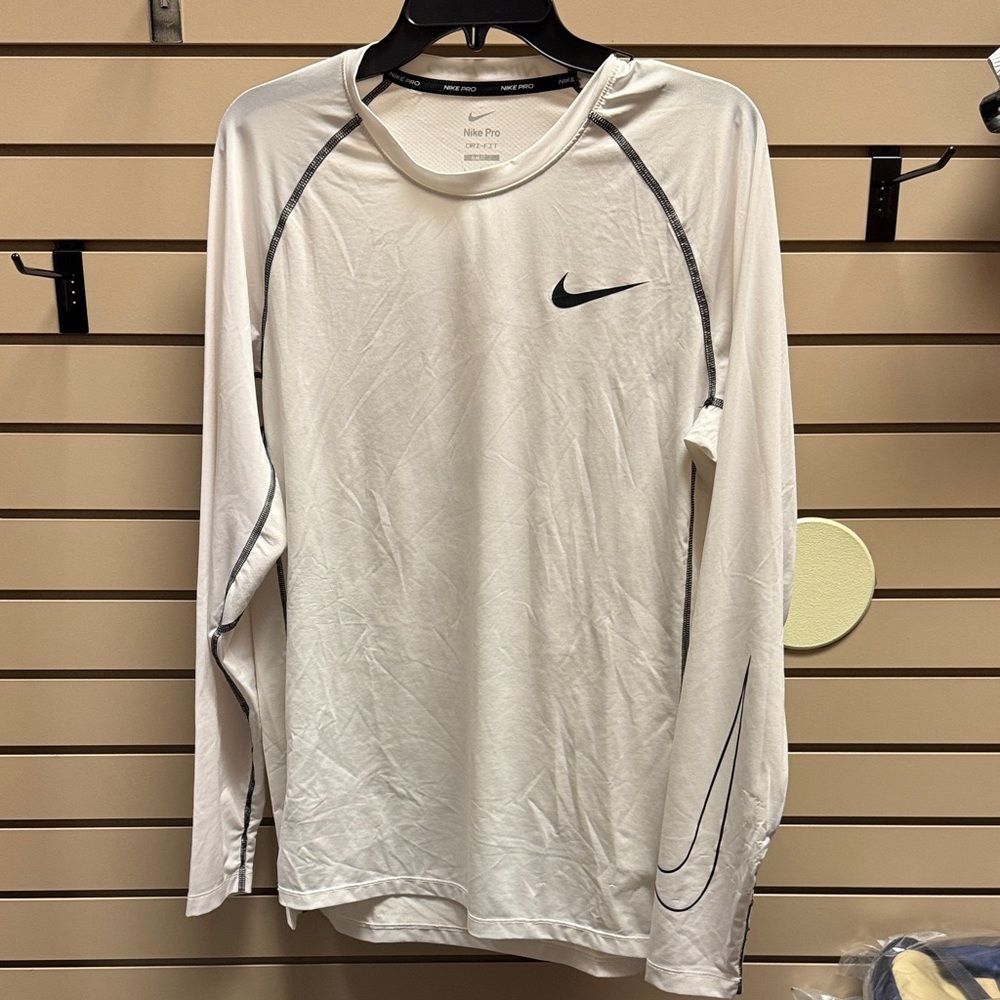 Nike Slim Fit White Long Sleeve Training Top with Black Swoosh